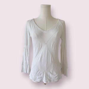 Just Cavalli White Pointelle Ruffle Half Sleeve White V Neck Blouse